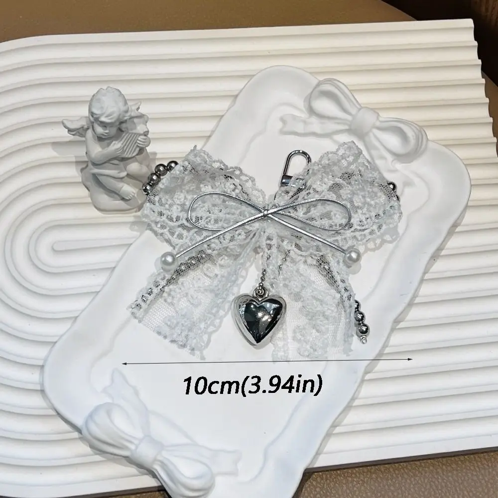 New Y2K Pearl Bow Keychain Metal Chain Delicate Beaded Lace Bow Keychain Keyring Bag Accessory