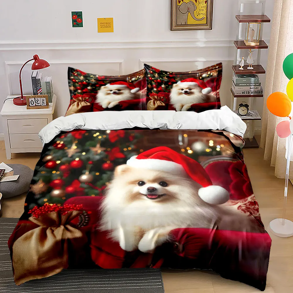 A cute Pomeranian in Christmas attire on a red sofa Print Duvet Cover Bedding Set Included 1*Duvet Cover 2*Pillowcases