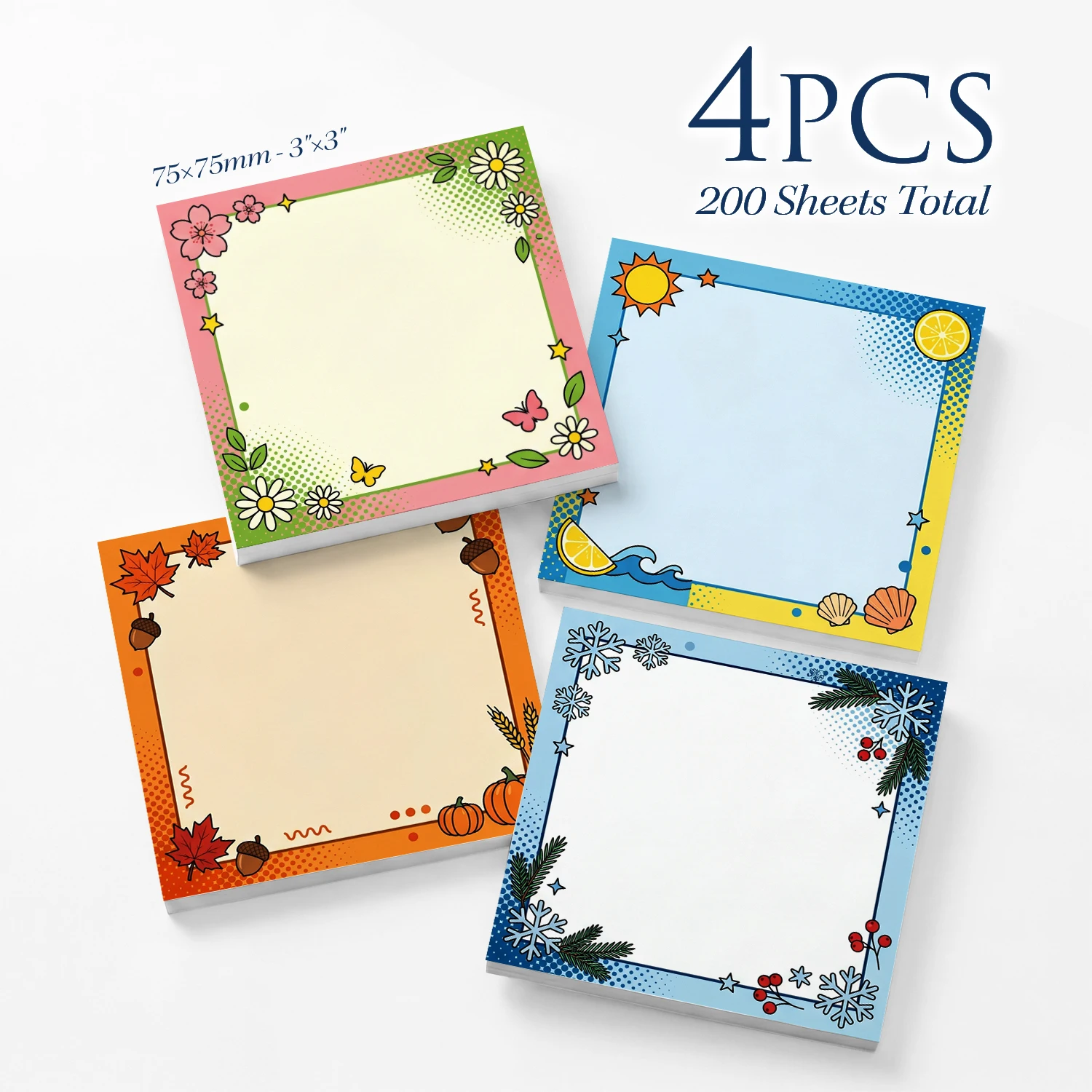 4pcs Four Seasons Sticky Notes Set, Spring Summer Autumn Winter Self Stick Memo Pads, 200 Sheets Total, Seasonal Nature Notepad