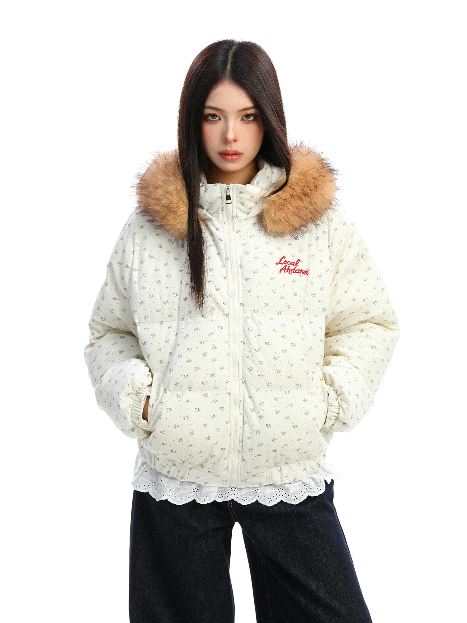 

Утепленная хлопковая женская зимняя куртка с отстегивающимся меховым воротником и капюшоном, с вышитым цветочным узором, повседневная верхняя одежда