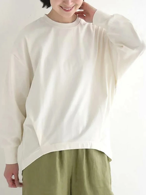 Loose Fit Long Sleeve round Neck T-Shirt Casual Style Korean Japanese Hong Kong Artistic Design Short Front Long Back