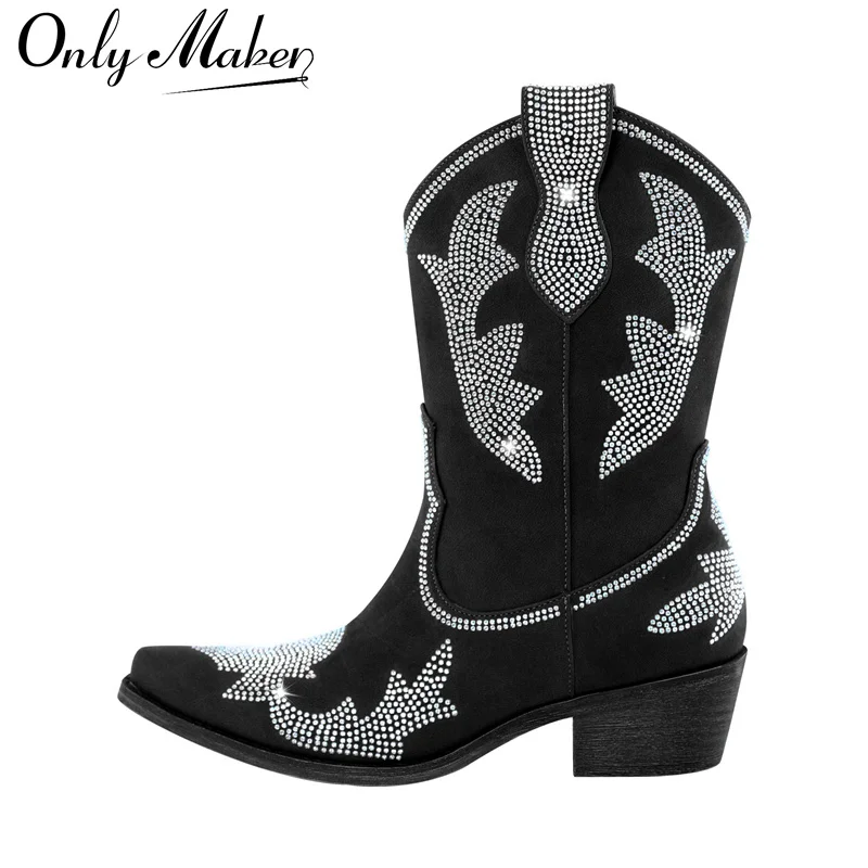 

Onlymaker Pointed Toe Black Embroidery Cowboy Boots Rhinestones Comfortable Party Plus Size Side Zipper Ankle Booties