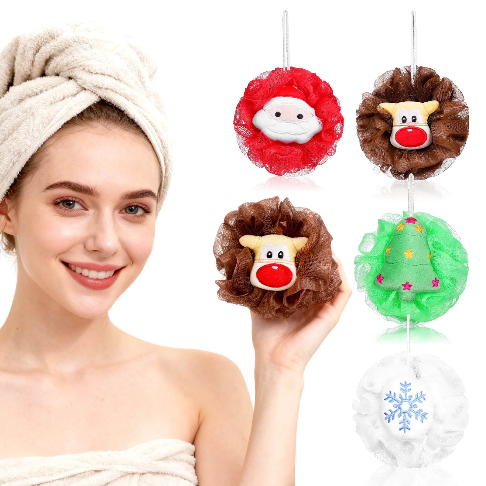 

4pcs Christmas Santa Bath Balls Deep Cleansing Exfoliating Body Scrubber Rich Foam For Shower Gel Soft Skin Cleaning Tool