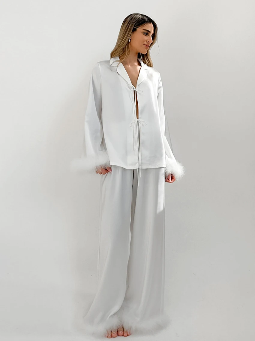 Marthaqiqi White Female Nightgown Set Long Sleeve Nightie Turn-Down Collar Pajamas Lace Up Sleepwear Pants Causal Nightwear Suit