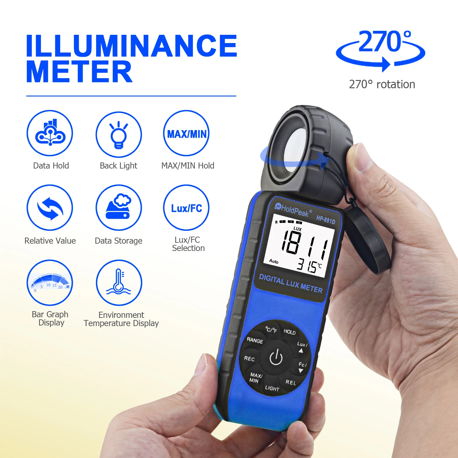 Digital Lux Meter - High Accuracy Light Meter With Wide Measurement Range And Low Power LCD Display HP-881D Measure Light Meter