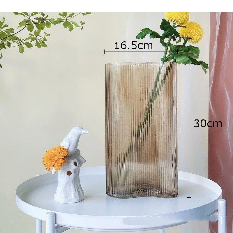 Large Diameter Vertical Grain Glass Vase Hydroponics Flower Pots Decorative Arrangement Desk Decoration Floral Vases