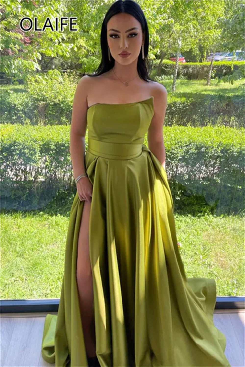 Women's Simple Off-Shoulder Satin Fomral Evening Dress A-line Backless Split Side Bridal Prom Dress with Court Customzied