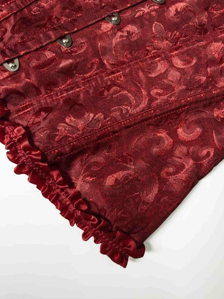 Weinrotes Overbust-Korsett aus Jacquard, trägerlos, mit Rüschen vorne, Schnürung hinten, tailliert, für Party- und Clubwear – Detail 11