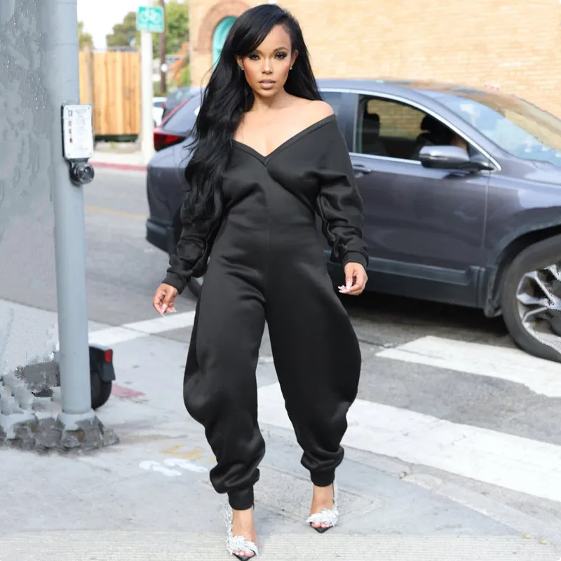 

Autumn Winter Women Long Sleeve V-neck Loose Jumpsuits One Piece Set Party Casual Fitness Streetwear Outfits
