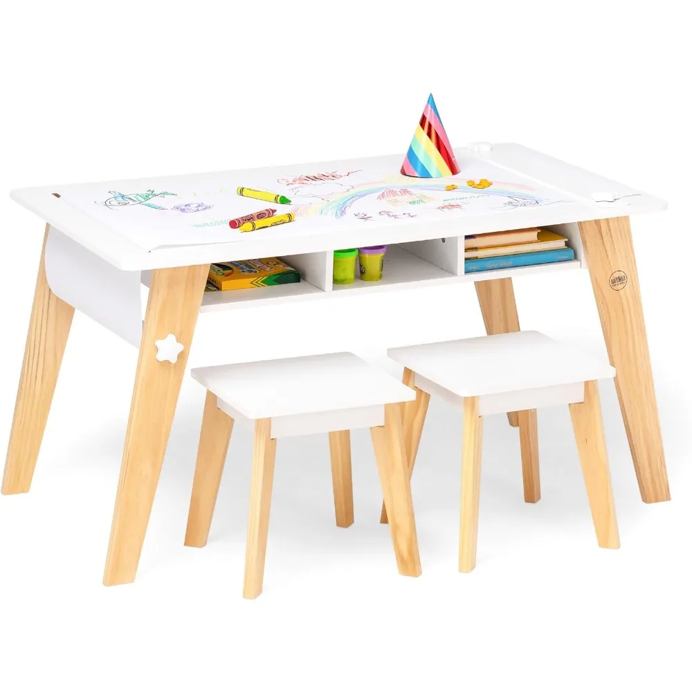 

Kids Arts and Crafts Table Set for Boys and Girls, Mid Century Modern Design Table Includes Two Stools, Paper and Storage