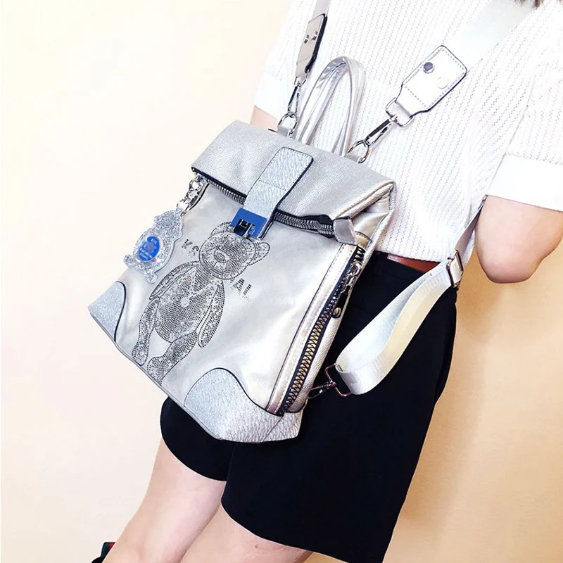 Ransel Wanita Kulit Modis Tas Beruang Lucu Tas Sekolah Buku Tas Bahu Messenger Daypack Laptop Wanita Kapasitas Tinggi