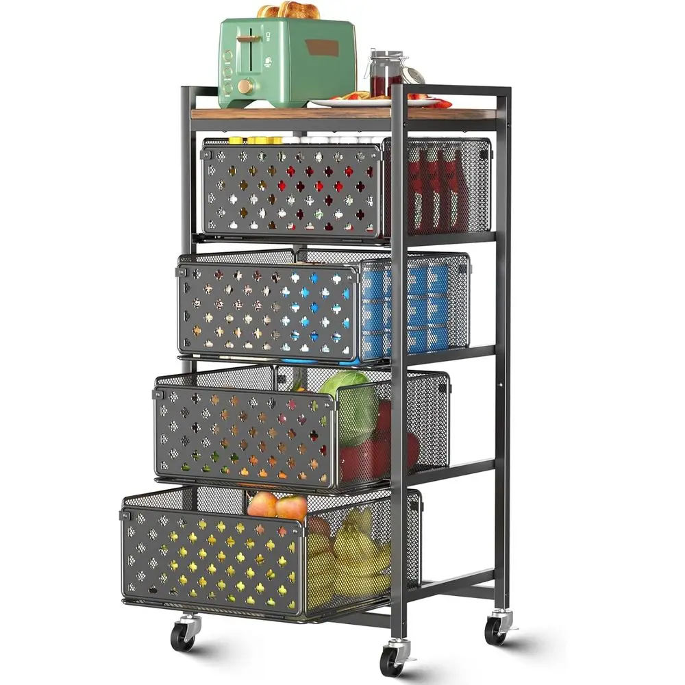 

5 Tier Kitchen Storage Cart with Wheels, Utility ruit Vegetable Storage Rack Stand with Pull-Out Baskets & Wood Top, Metal 4-Der