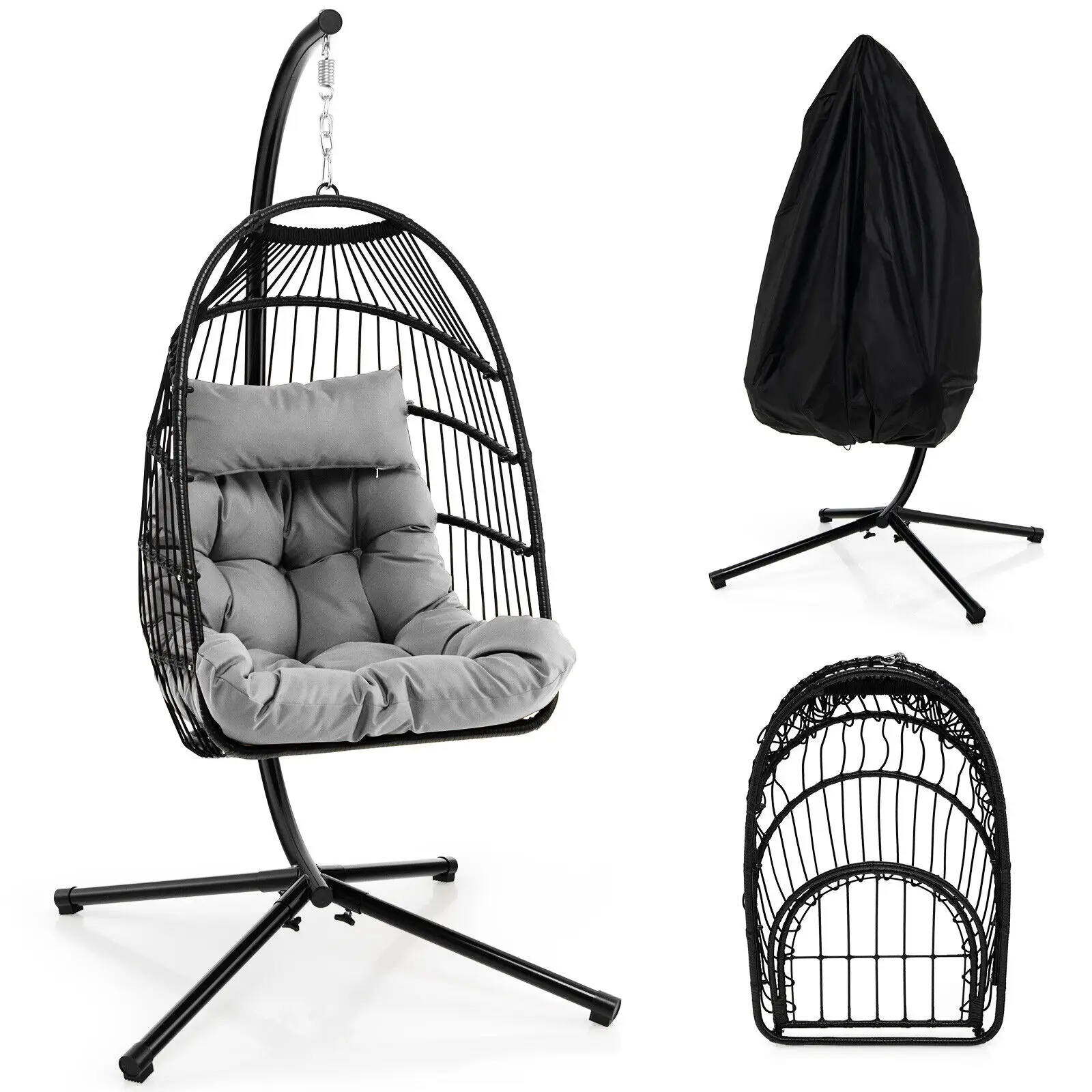 Costway Patio Hanging Egg Chair with Stand Waterproof Cover Folding Basket Cushion Grey