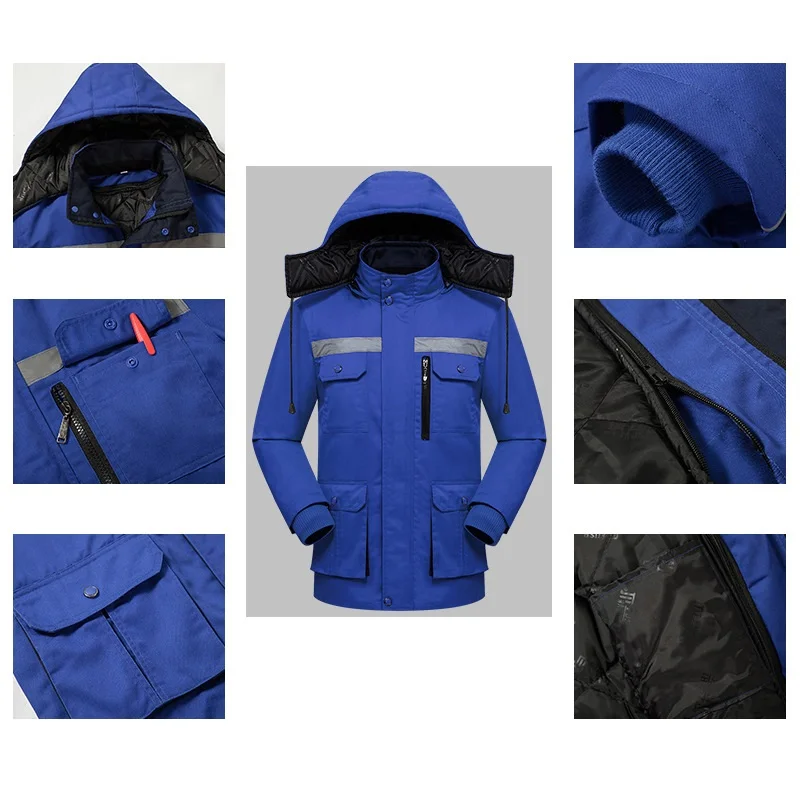 Winter Work Clothing Multi Pocket Reflective Safety Working Overcoat Cold Storage Worker Uniform Cotton Paddedhooded Work Jacket