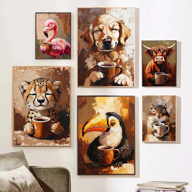 Funny Coffee Animals Raccoon Golden Retriever Toucan Enjoying Coffee Poster Canvas Painting Wall Pictures Home Cafe Decor