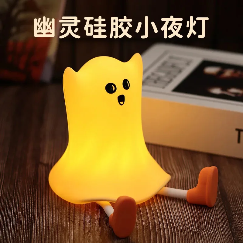 Halloween Ghost LED Silicone Night Light, Abajur, Cute Cartoon, Touch Lamp, Recarregável, Child Holiday Gifts, Novo