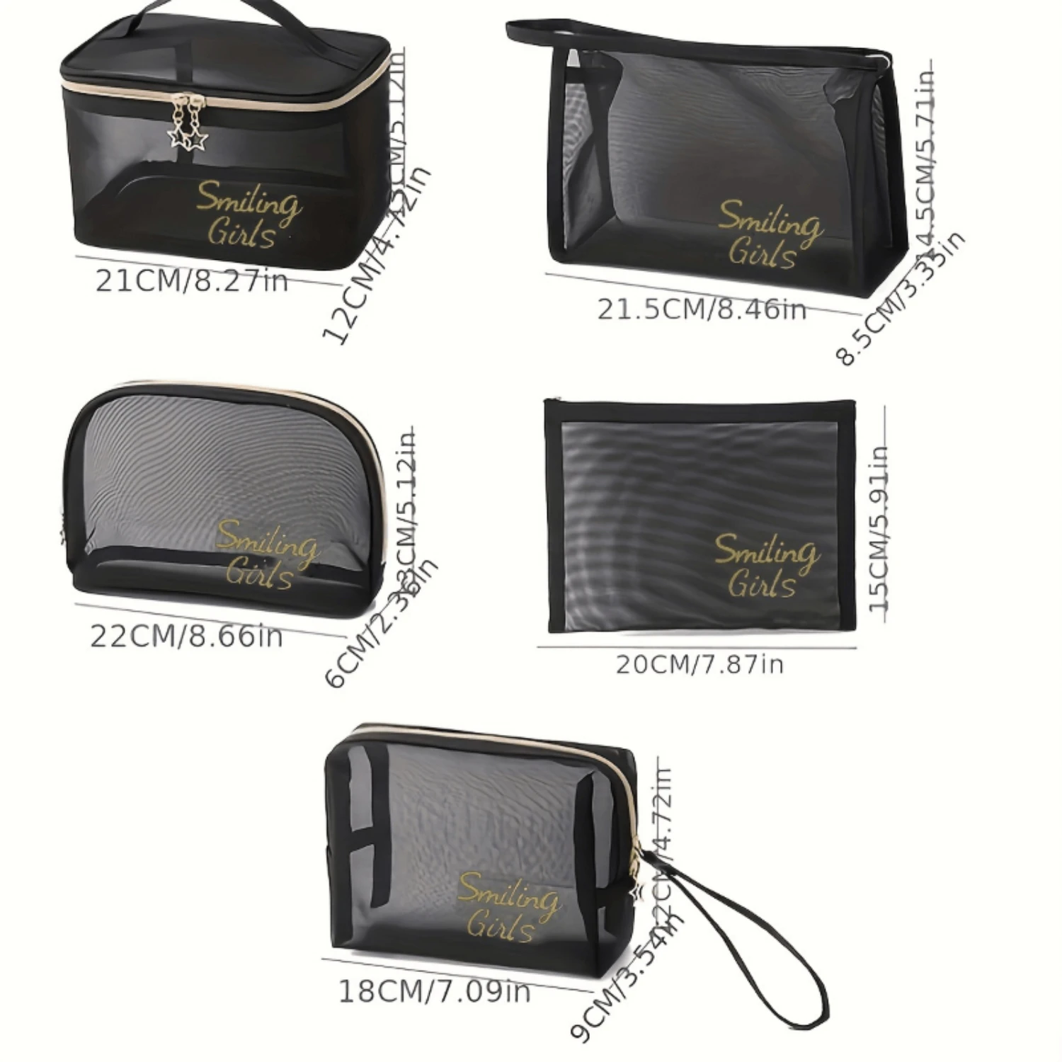 Ensemble de sacs à cosmétiques semi-transparents en maille 5 pièces, organisateurs de toilette portables, Kit de voyage parfait incontournable