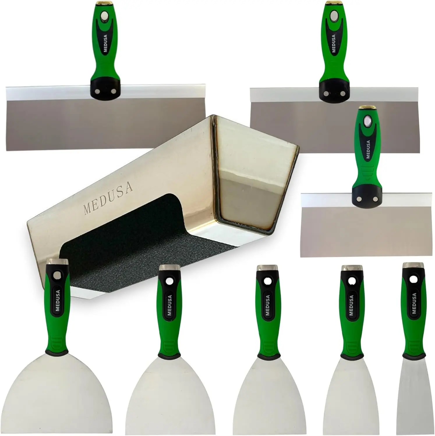 

Medusa Flexible Stainless Steel Taping Knife Set, 8-12' Blades, Curved Handles, Mud Pan