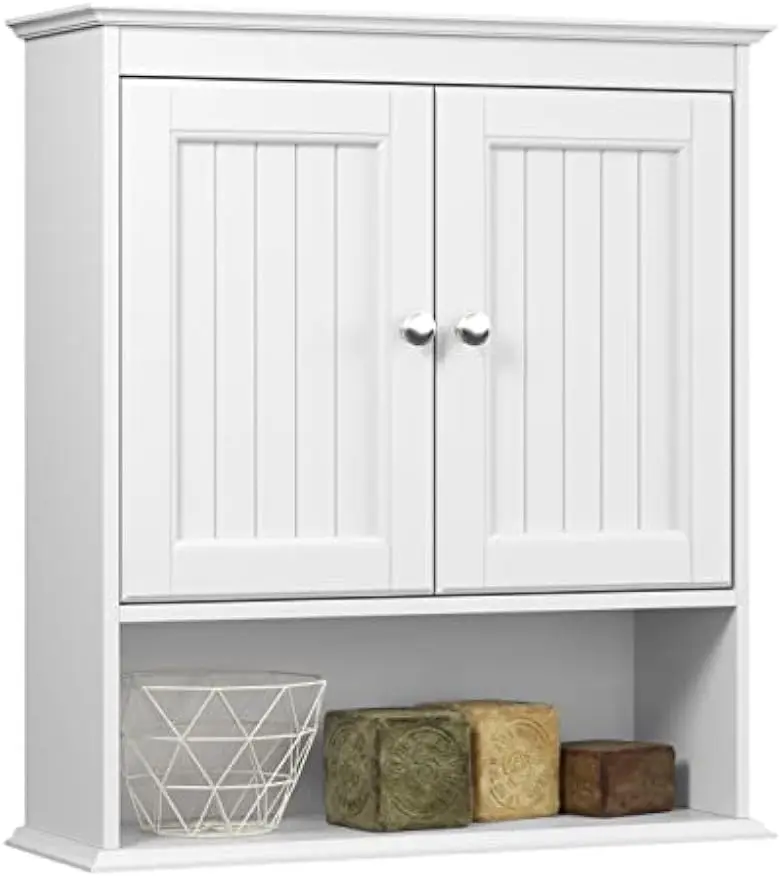 

White Wall-Mounted Bathroom Cabinet with Doors and Shelves, Over-Toilet Storage for Multi-Room Use