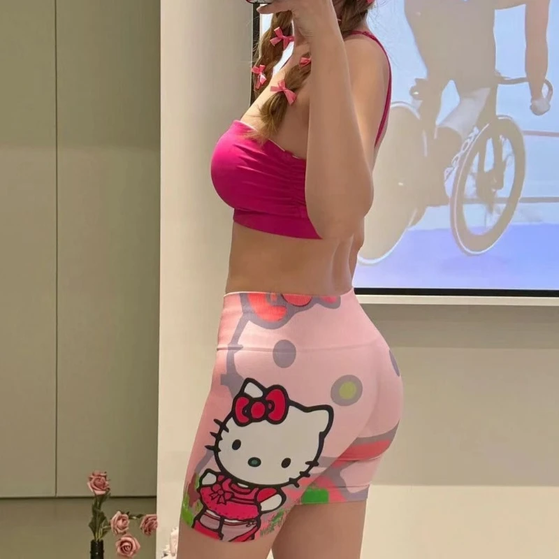 Kawaii Hello Kitty Women Shorts High Waist Yoga Shorts Running Fitness Pant Cute Double-sided Prints Sports Three-point Kt Short