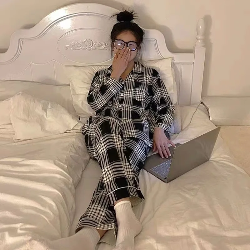 Black Red Plaid Autumn Pajamas Set Women Single Breasted Shirts + Trousers Cotton Vintage Two Piece Home Suit Ins Sleepwear