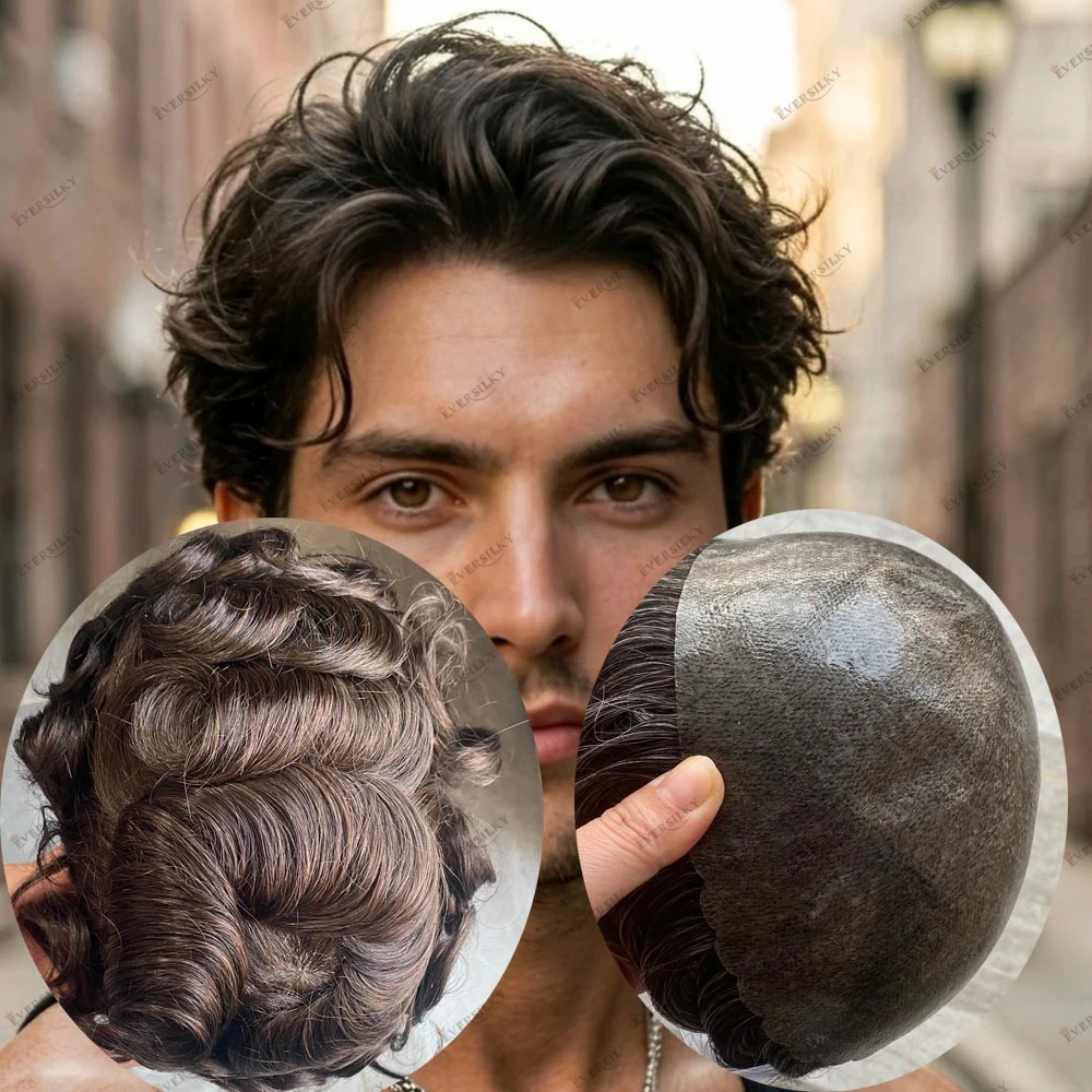

4 # 2 # Натуральный коричневый мужской волнистый парик-система замещения волос (тупе) из человеческих волос, плотность 130%, с прочной основой из инжекционного полиуретана (PU) и имитацией кожи головы