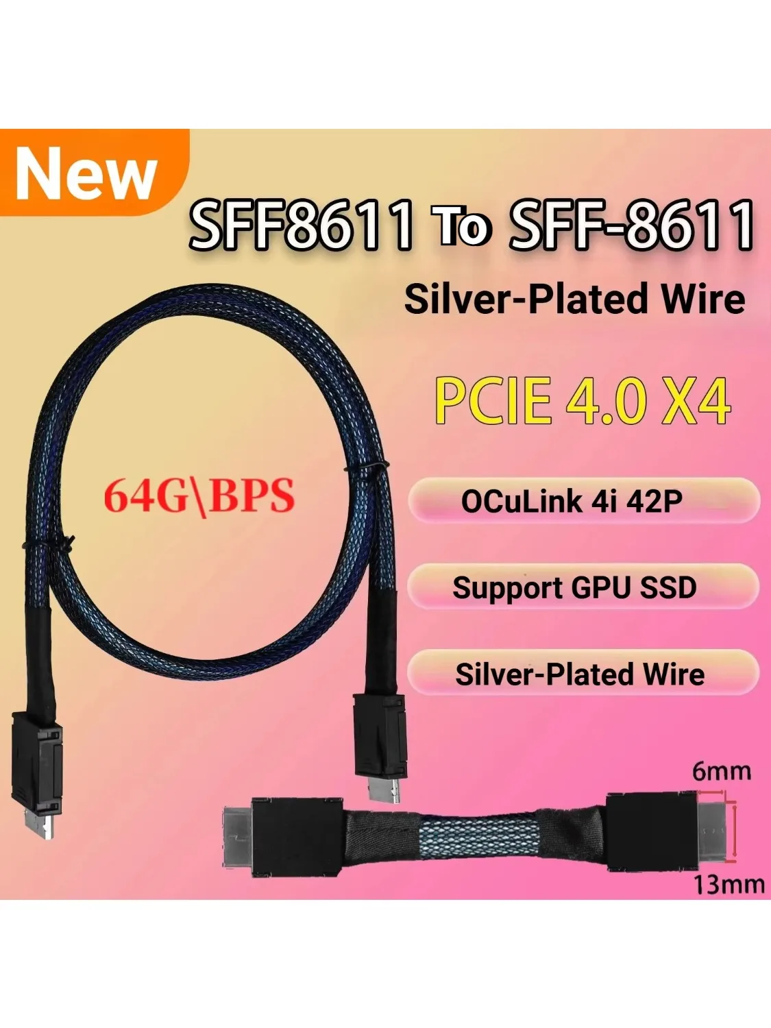 Kabel PCIE 4.0 X4 GEN4 Oculink 4i, SFF-8611 do SFF 8611, pleciony, elastyczny kabel przedłużający, GPU, SSD, OCuLink 4X, przewód posrebrzany, 64 Gbps. — zdjęcie produktu 7