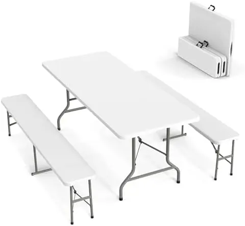 Picnic Table Set with 2 Benches, 6 Feet Camping Table Chair Set,3-Piece Folding Furniture for Indoor or Outdoor Use