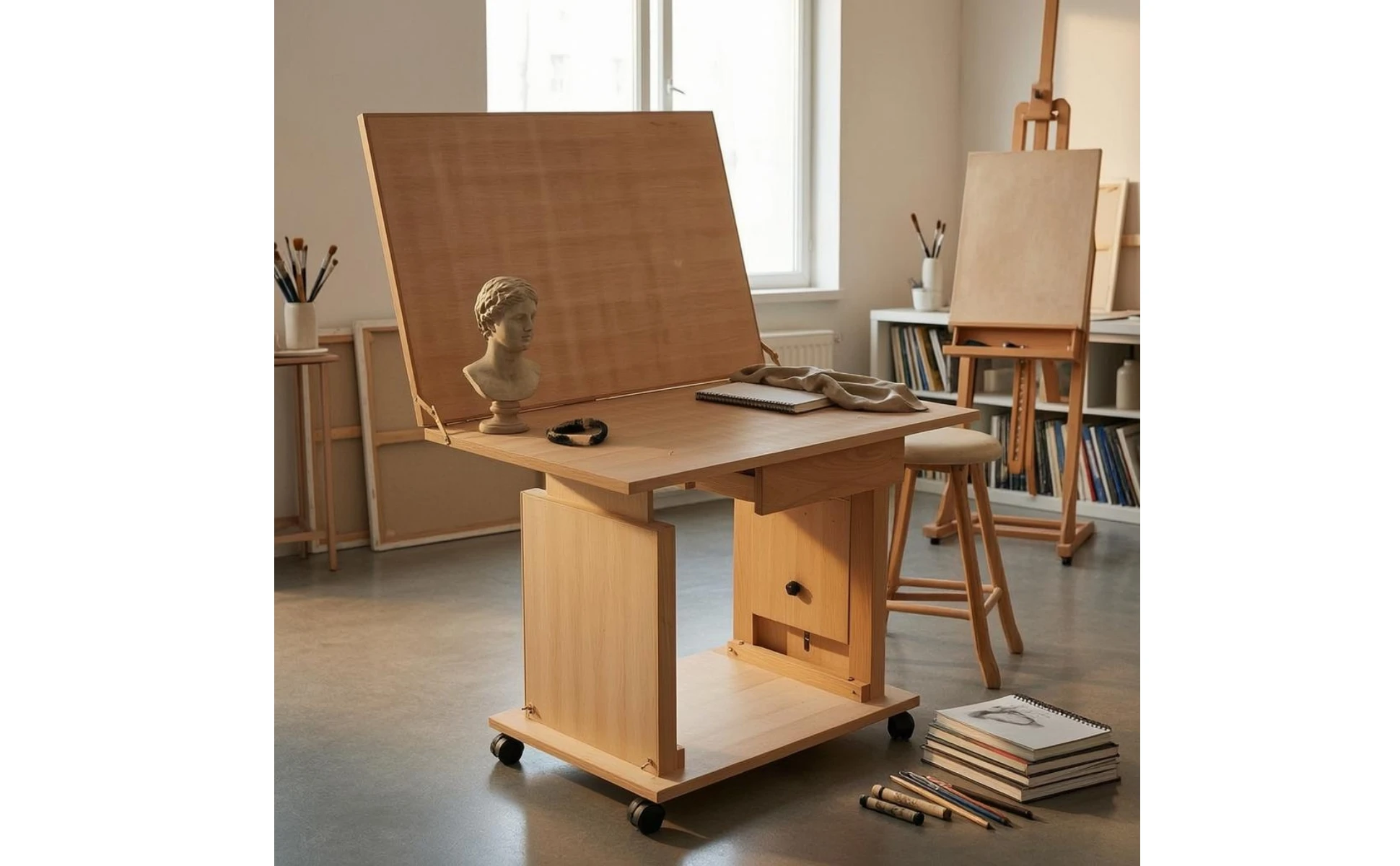 Adjustable Still Life Table Beech Wood Tilting Drawing Table Studio Furniture Easy Assembly Storage Drawers for Sketching