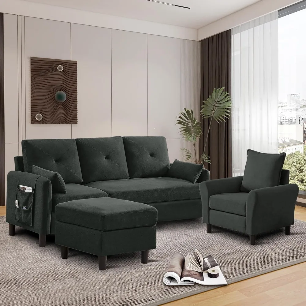 

Convertible Sectional Sofa Set, Small L Shaped 3-Seat Couch with Ottoman and Accent Chair, Modern Linen Sofas Couches for Living