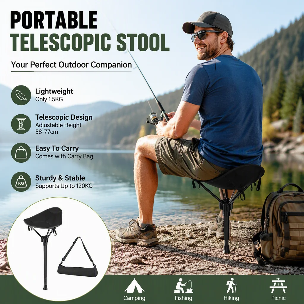 Retractable Foldable Camping Stool Portable Lightweight Compact Seat for Fishing Hiking Picnic Outdoor Travel Field Waiting Use