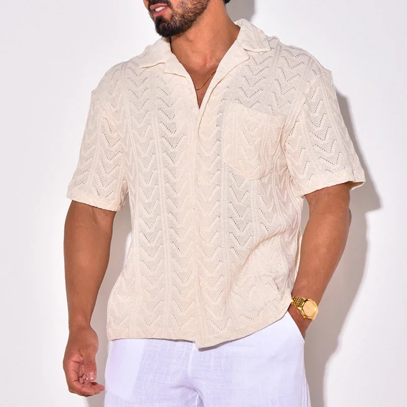 Summer Trendy Breathable Knit Mens Shirt Short Sleeve Lapel Buttoned Knitted Tops Beach Style Vintage Jacquard Crochet Knitwear