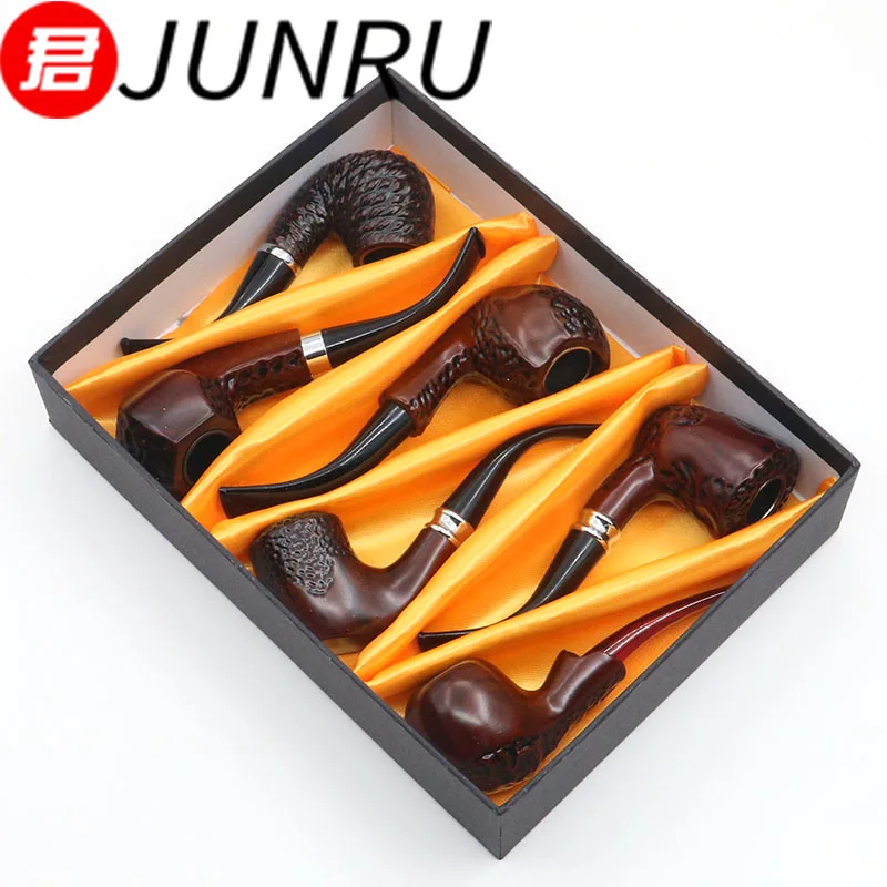 

6 Pcs/Set Classic Wood Smoking Pipe Tobacco Cigar Cigarette Pipe Tobacco Hand Pipes Gift for Grandfather Boy Friend