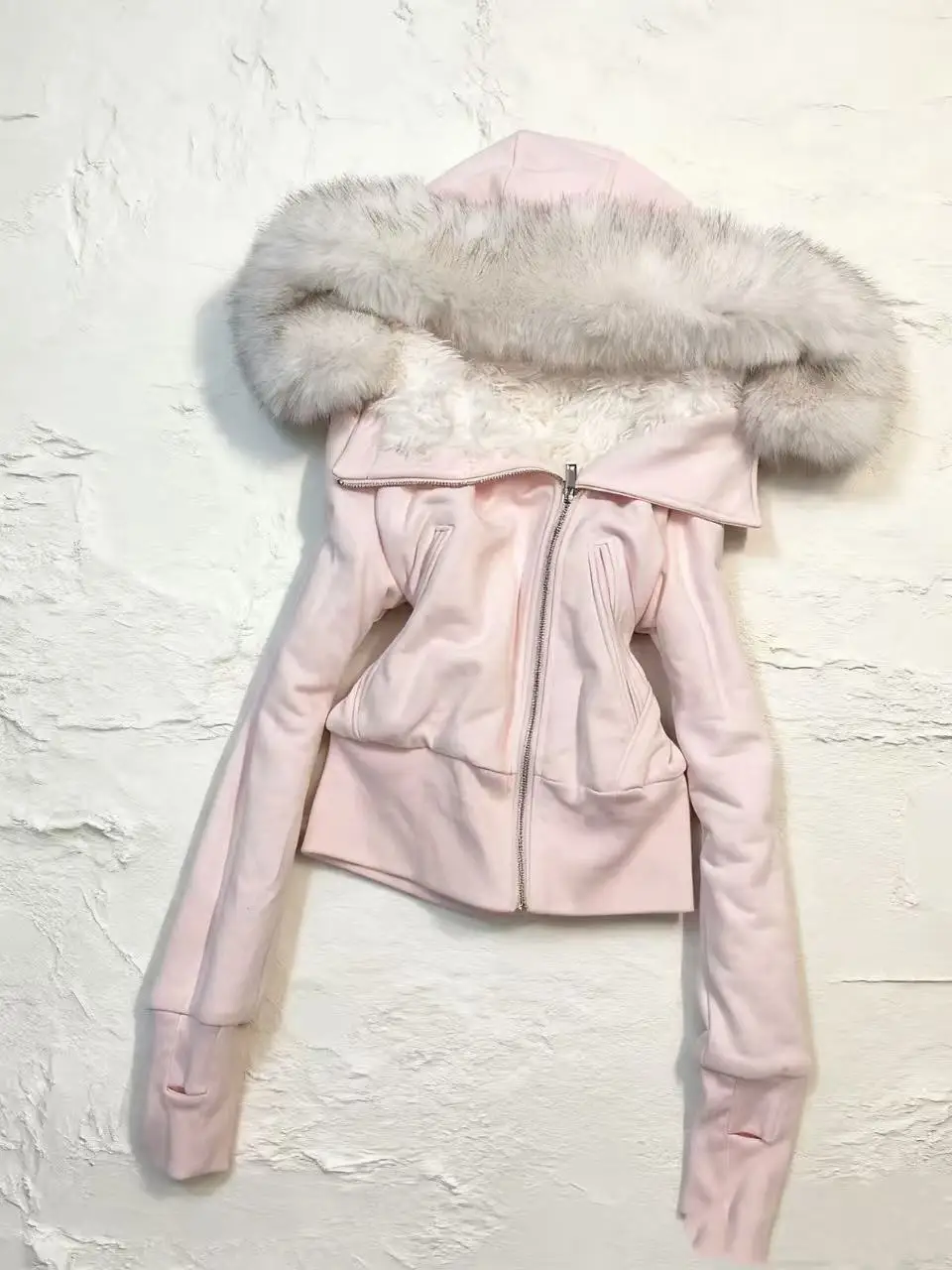 Women's short top American Y2K retro vintage pink and green plush lining autumn and winter fur collar hooded zipper slim jacket