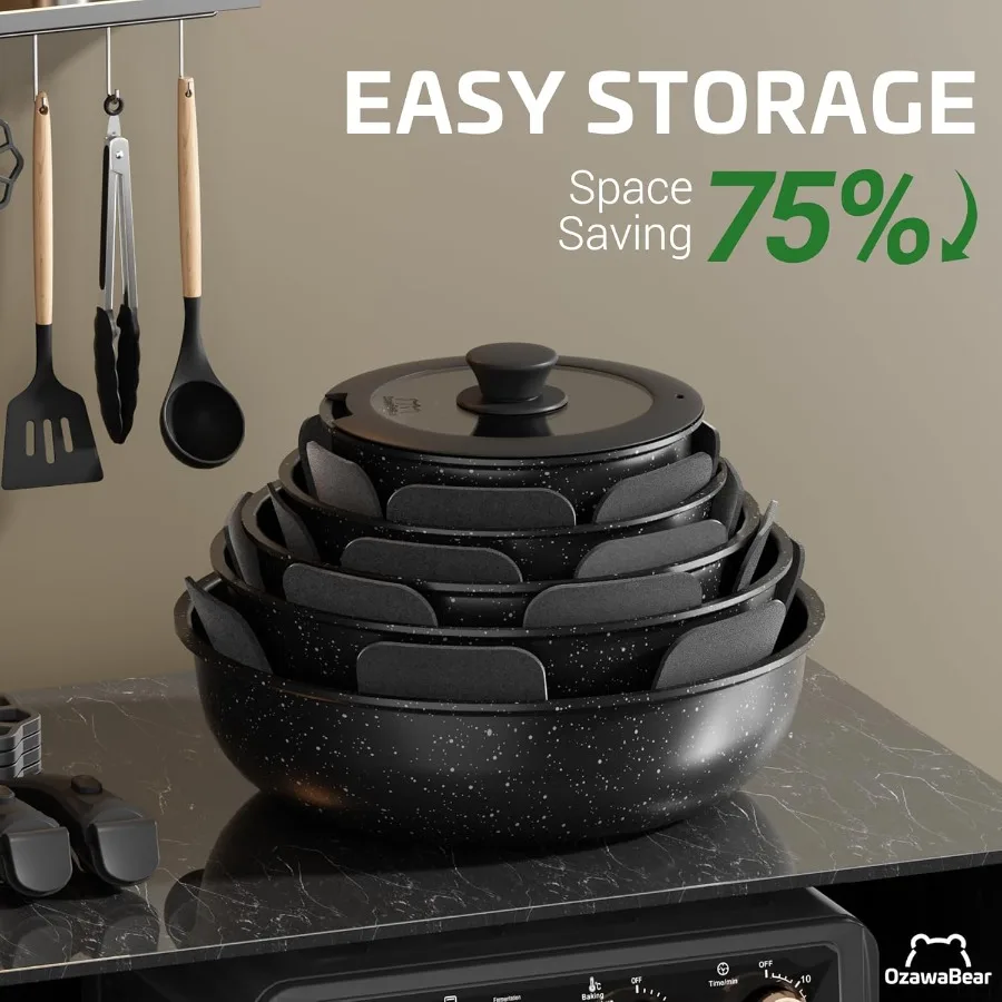 23 Pcs Pots and Pans Set Non Stick Ceramic Cookware Set Non Toxic with Detachable Handles for Healthy Cooking Induction Compati