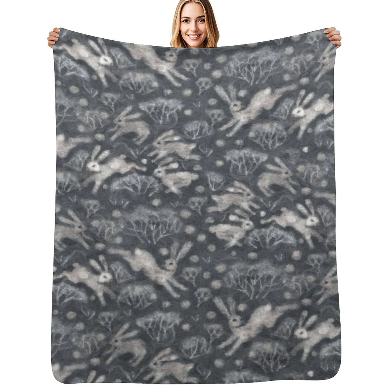 Hares Field, Winter Snow Field Bunnies Rabbits Pattern Grey Throw Blanket Cute Luxury Thicken Luxury Hairys Blankets