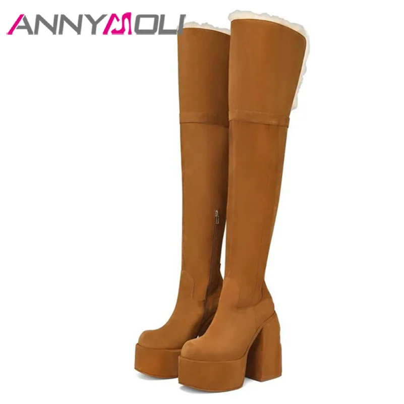 

ANNYMOLI Women Pu Leather Fashion Boots Thigh High Boots Over the Knee Platform Hoof High Heel Round Toe Zipper Sexy Winter