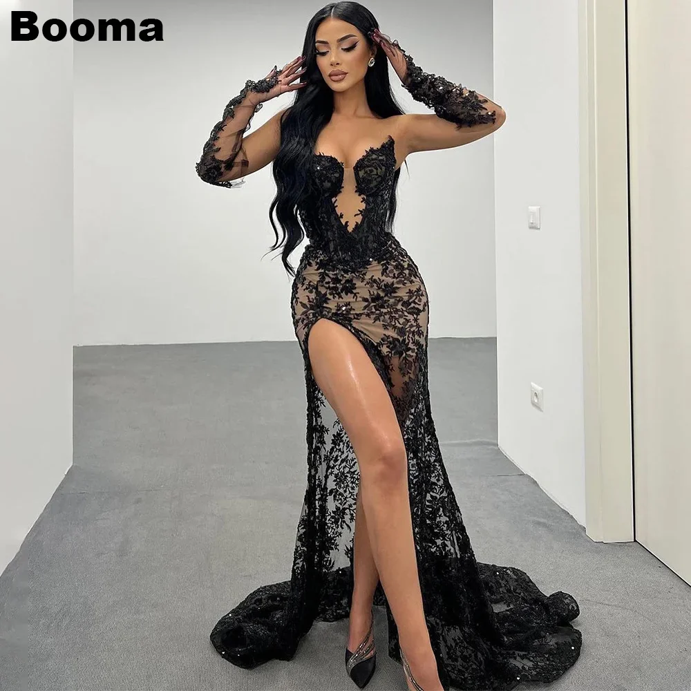 Booma-Women\'s Black Sexy Mermaid Evening Dresses, Sleeveless Lace Prom Gowns, High Side Slit, Celebration Party Dress Customized