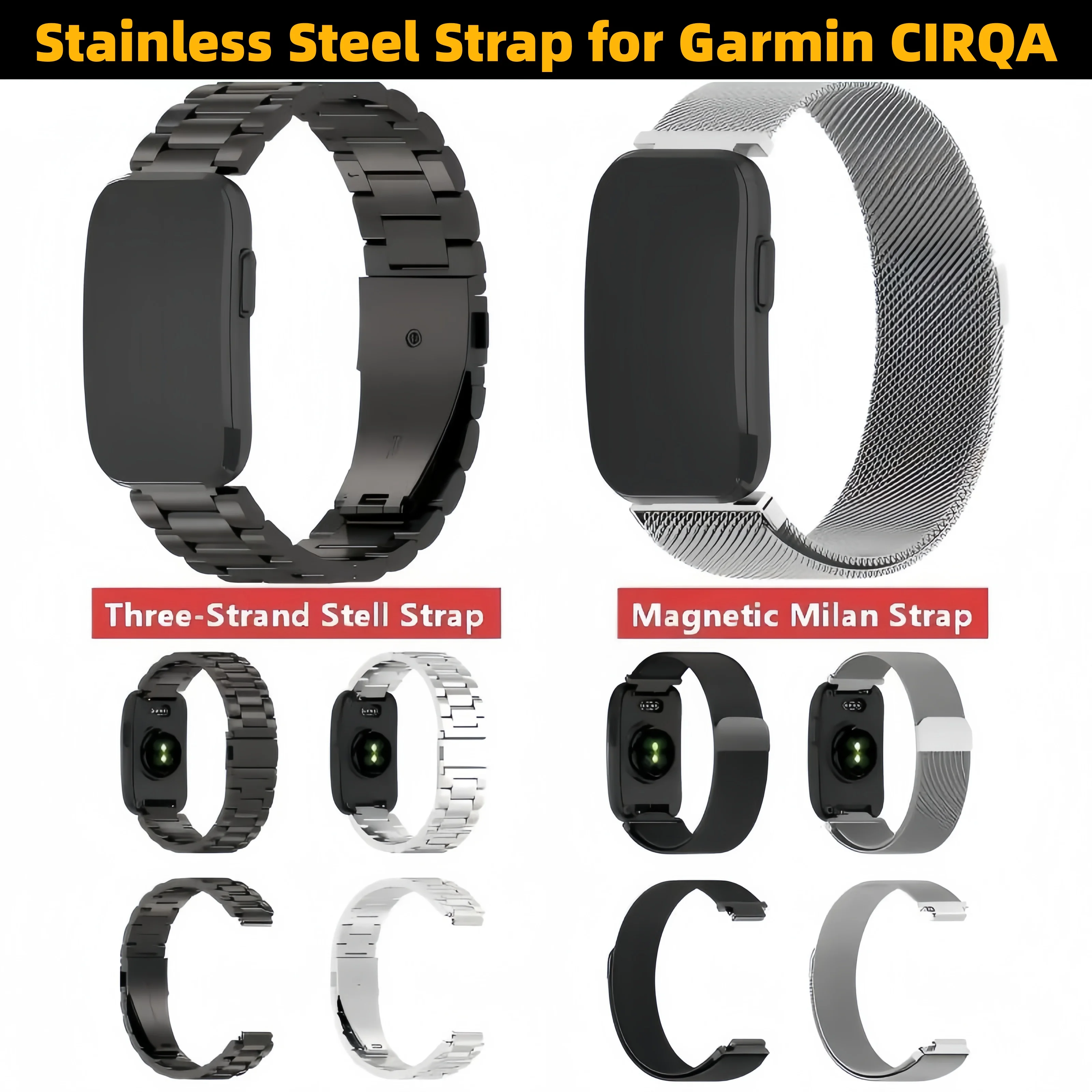 Stainless Steel Strap for Garmin CIRQA Smart Band, Three-Bead Metal Band & Magnetic Milanese Loop Replacement Wristband