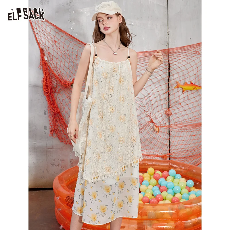 ELFSACK 2024 Summer New Arrivals Lace floral camisole dress with irregular temperament for women, vacation style dress