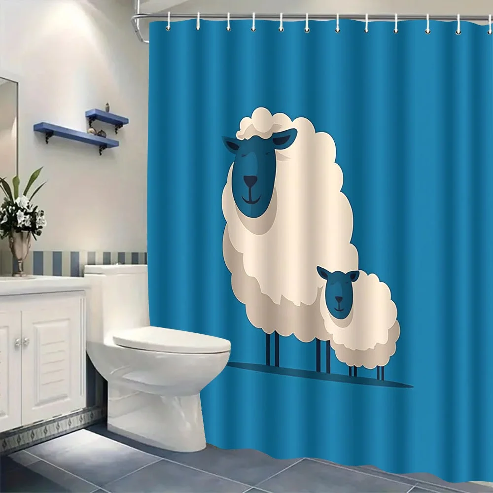 Blue Sheep Shower Curtain – Cute Minimalist Flock on Sky Blue,  12 Hooks, Machine Washable, Modern Nursery or Bathroom Decor