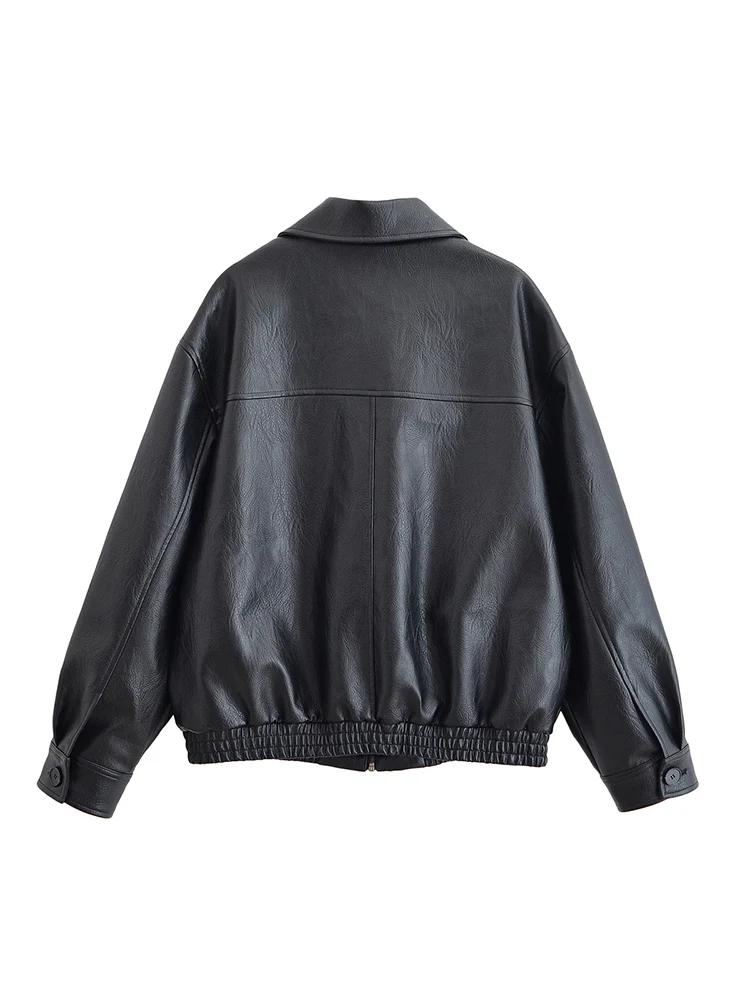 European style new women's fashion versatile temperament loose pocket imitation leather pilot jacket leather coat