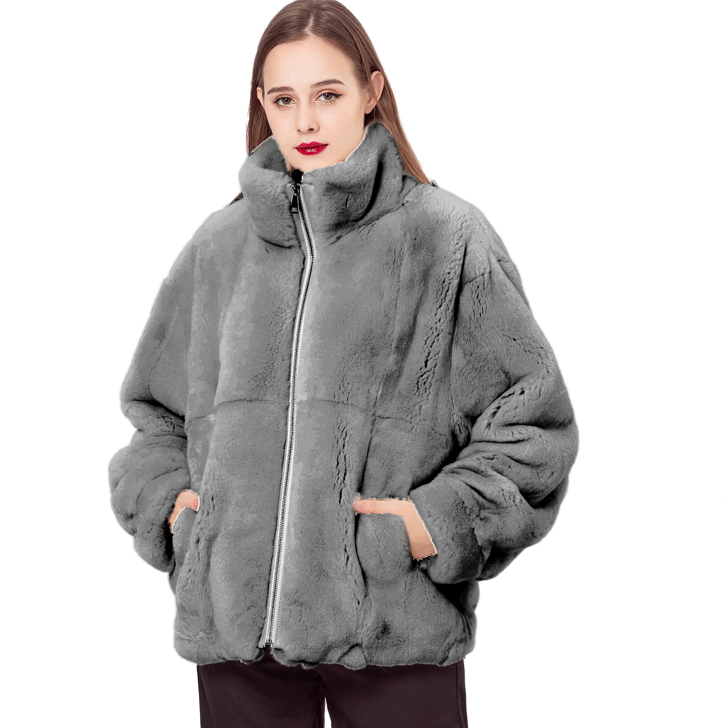 

Rex Rabbit Fur Coat with Lapel for Women, Full Pelt, Simple Style, Fur Sleeve Jacket, Monochrome, 210726, 2023, New