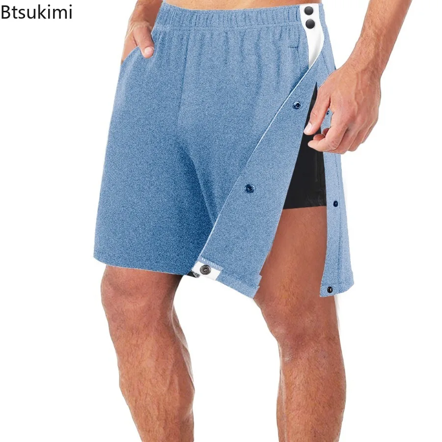 New Men's Summer Casual Pockets Shorts Loose Side Buckle Split Straight Shorts Elastic Waist Men Sport Training Basketball Pants
