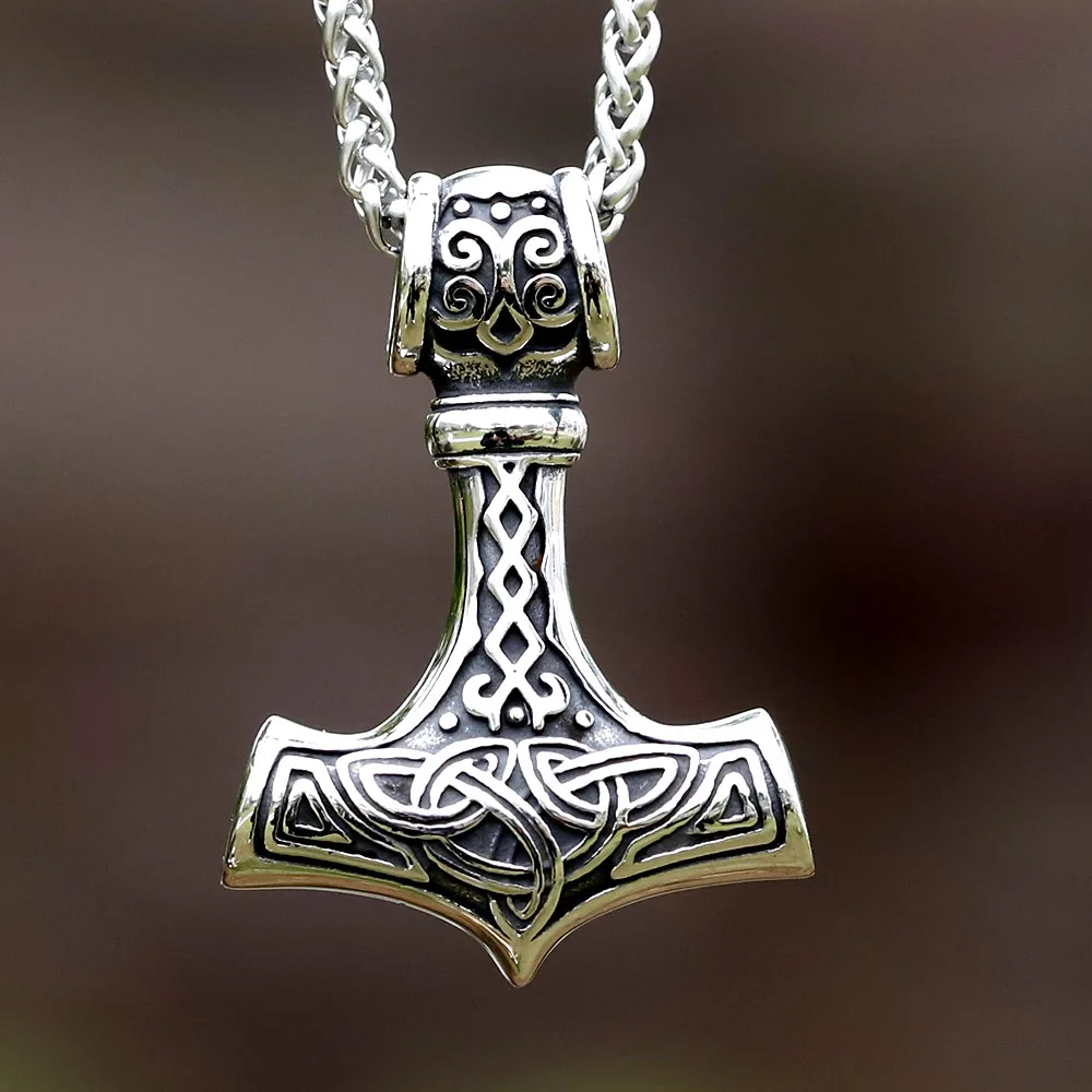 Norse Vikings Thor\'s Hammer Mjolnir Scandinavian Rune Amulet Necklace Stainless Steel Chain Vegvisir Anchor Pendant Male Jewelry