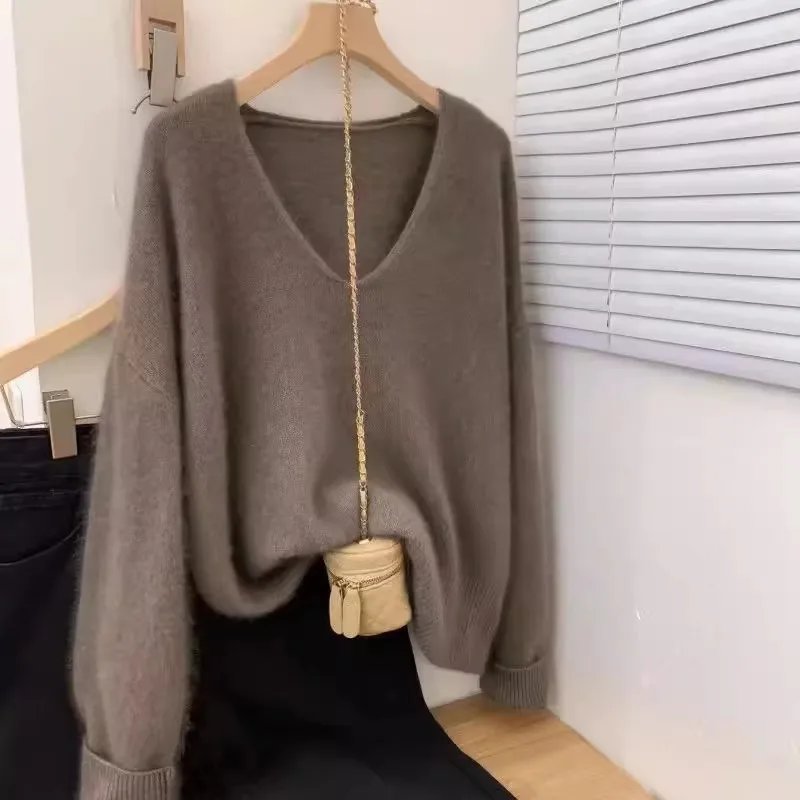 

French Style V-neck Knitted Sweater Women's Autumn Winter Loose Casual Pullover Elegant Solid Color Long Sleeved Versatile Top