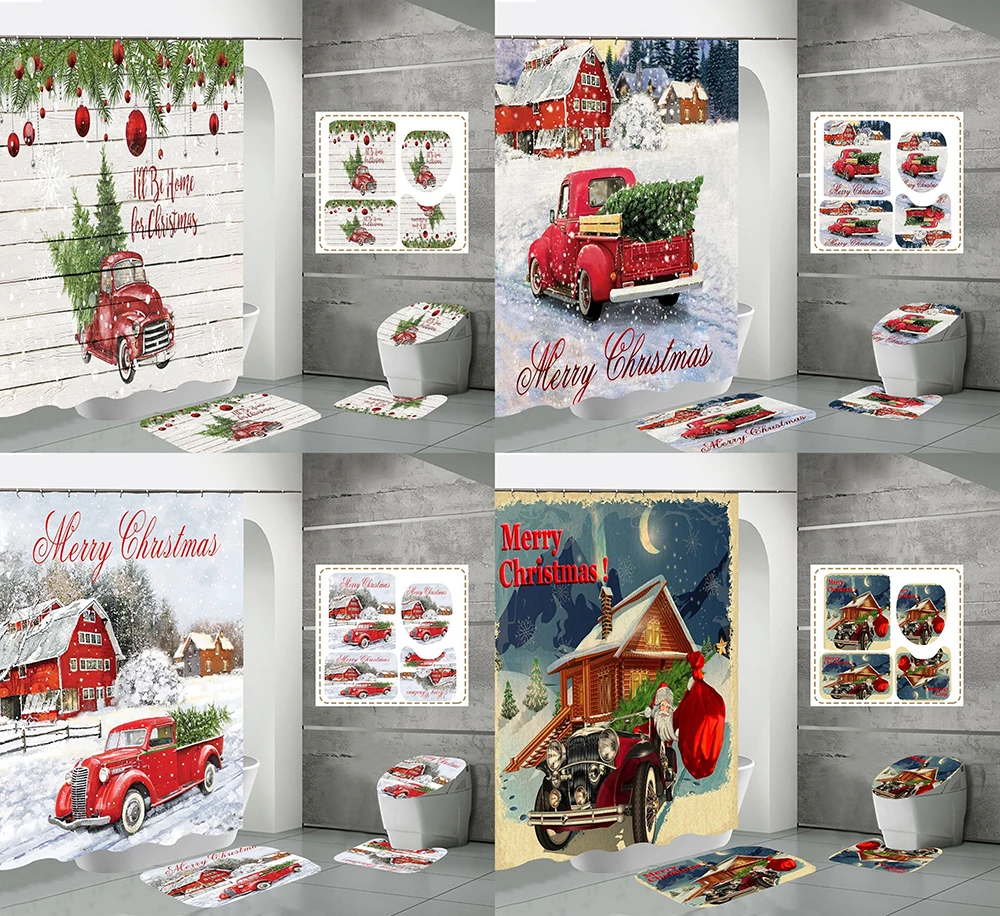 

Christmas Red Truck Shower Curtain Set Non-Slip Rug Toilet Cover Bath Mat Rustic Plank Xmas Winter Scenery Fabric Bathroom Decor