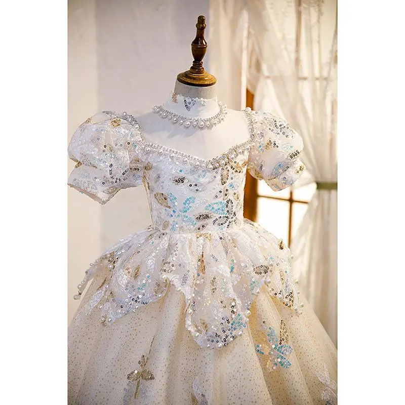 Bling Beaded Crystal Flower Girls Dresses for Teens Tulle Floor Length Beach Girl Pageant Princess Birthday Party Gown