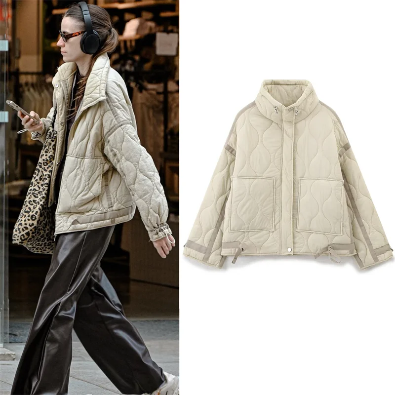 

Women's Jacket 2025 Winter New Ivory Long-Sleeve Ruffle Quilted Stand Collar Loose Cotton Coat Warm Outerwear Trendy and Fashion