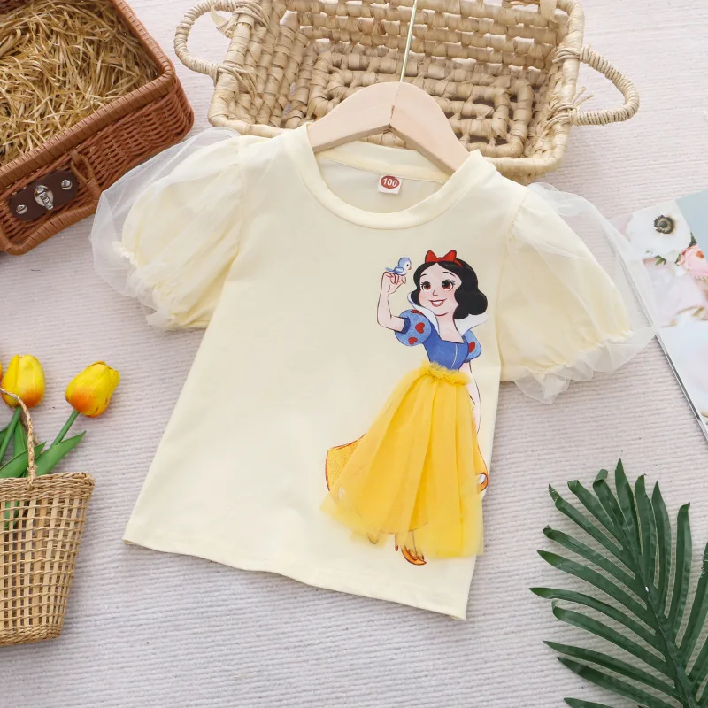 

2026 Girls Puffed Sleeve Tee, Summer Thin Cartoon Print Top for Toddlers Cute Half Sleeve Shirt New Arrival